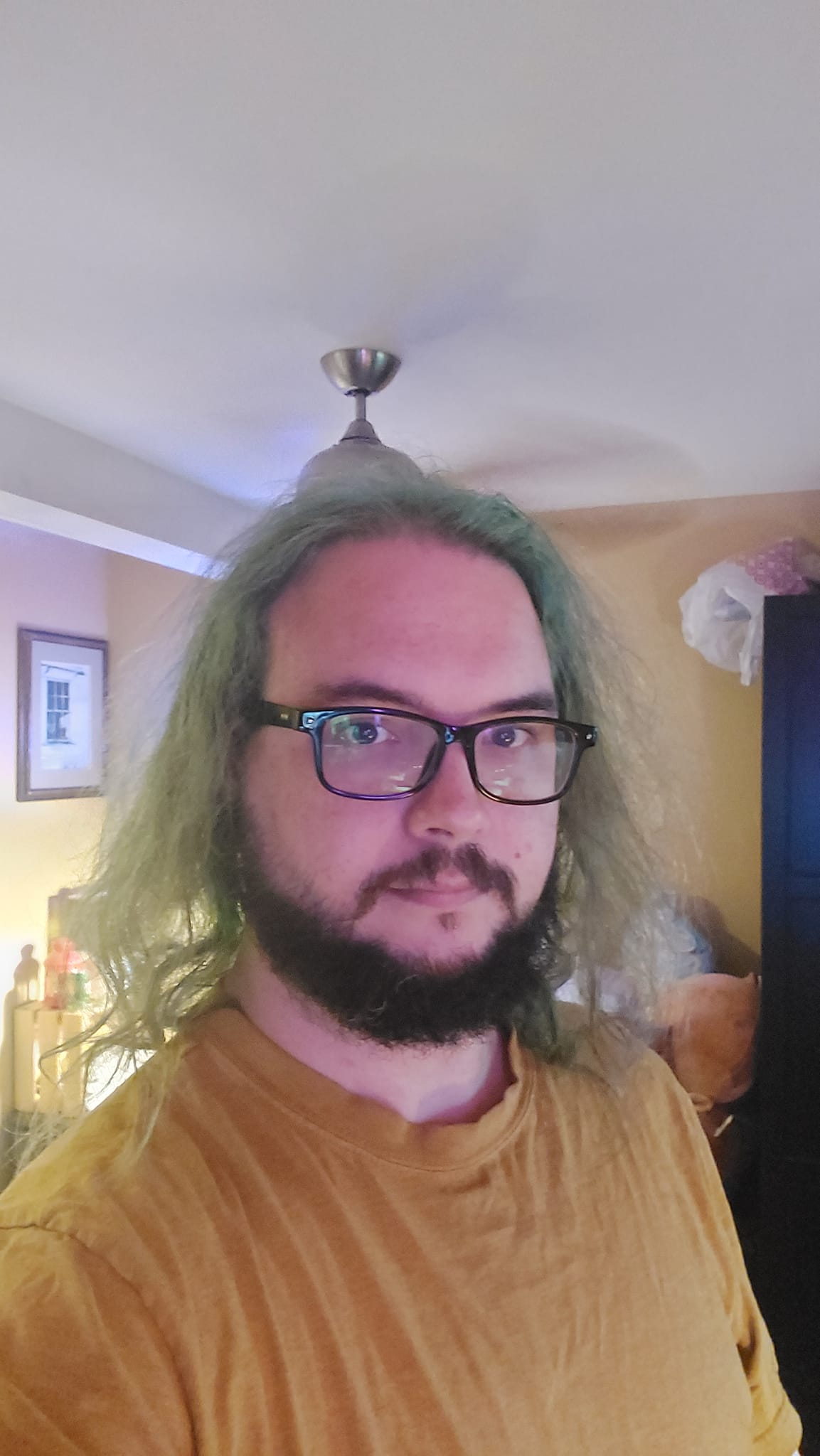 A man with long green hair and a beard sits in a computer chair